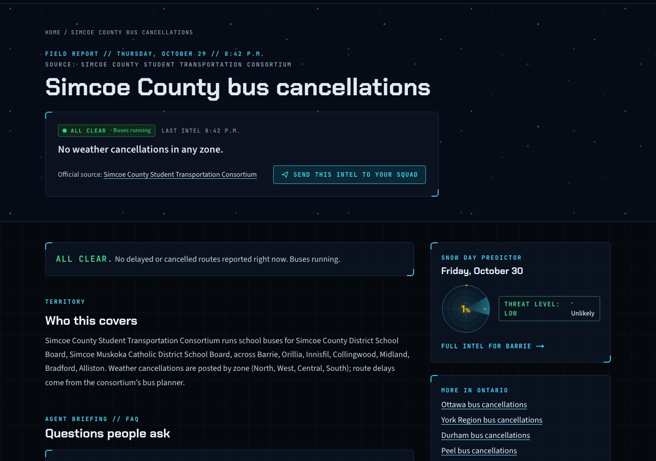 BusCancellations.ca Simcoe County bus cancellations page: live zone status, last check time, official source link and predictor